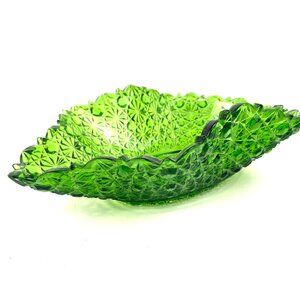 Vintage Green UV Reactive Pressed Glass Bowl 11.5” Ruffled Edge Starburst Candy
